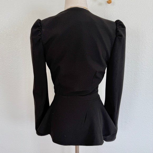 🌟 Bebe Black Stretch Tie-Front Puff-Shoulder Fitted Peplum Blazer - Picture 5 of 15